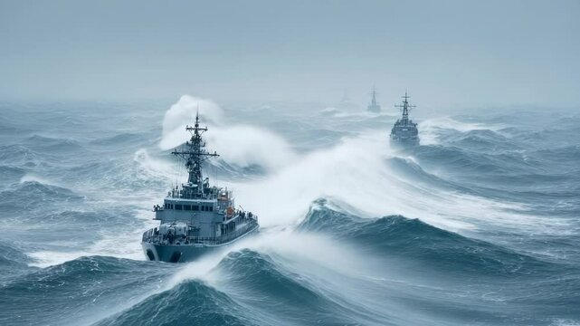 Military navy ships navigating through stormy ocean waves under cloudy sky in rough sea conditions