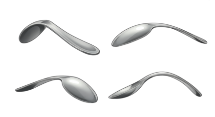 Four bent metal spoons on white symbolizing distortion and unyielding nature