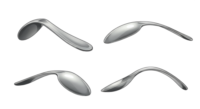 Four bent metal spoons on white symbolizing distortion and unyielding nature