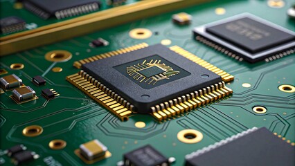 Close-up of a microchip on a green printed circuit board with gold connectors and electronic components

