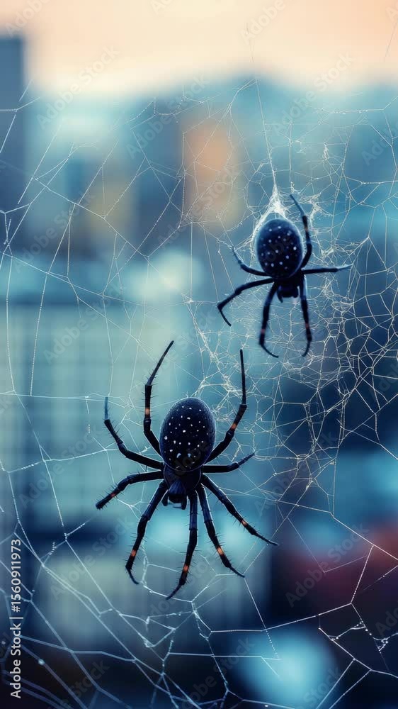 Poster spiders on intricate web against blurred cityscape in soft colors, digital art