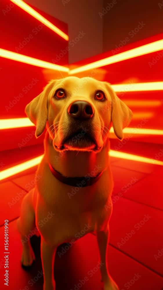 Poster yellow labrador in a futuristic red room with glowing lines