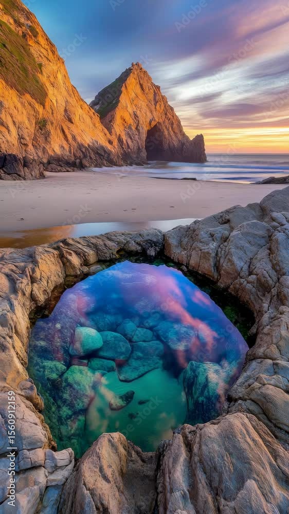 Poster tide pool reflecting colorful sky at sunset with rocky cliffs and sandy beach