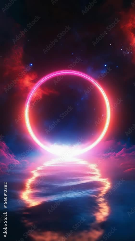 Poster glowing neon circle over water with vibrant clouds in a cosmic setting