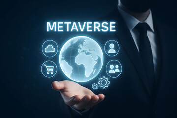 Metaverse technology concept with businessman and digital world