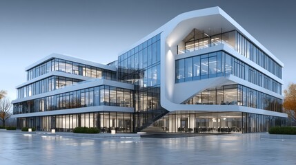 Fototapeta premium Modern Architectural Design: Sleek Glass and White Office Building Exterior