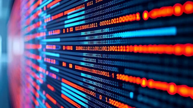 Digital Binary Code Stream: Abstract shot of binary code data stream in blue and red, representing technology.