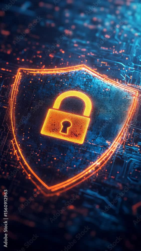 Poster digital shield with glowing lock on circuit board background, cybersecurity concept