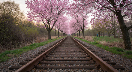 Fototapeta premium Cherry blossoms lining railway tracks in springtime landscape 