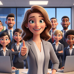 A diverse animated business team shows collaboration and success with a confident leader giving a thumbs up.