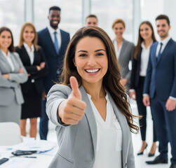 Successful businesswoman giving thumbs up with diverse professional team celebrating achievement in modern office.