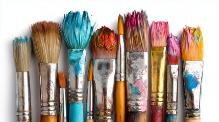 Paintbrushes with traces of color sit on a white surface, capturing the raw beauty of the creative process.

