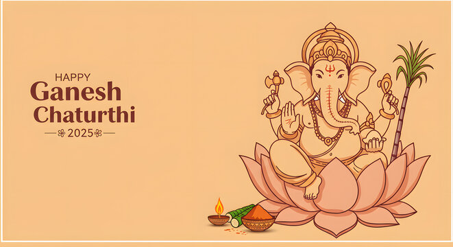 Happy Ganesh Chaturthi 2025 festival greeting card design. Features an illustration of the Hindu god Lord Ganesha on a lotus with offerings for the religious celebration