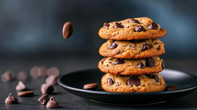 Sweet Temptation: A stack of freshly baked chocolate chip cookies is presented on a elegant black plate, with a single chocolate chips suspended mid-air, exuding an irresistible aroma.
