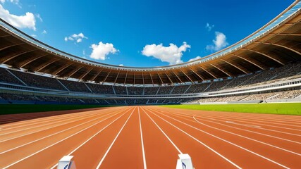 Stadium Perspective: Captivating view of an empty stadium bathed in sunlight, with a clear blue sky above. The image showcases the anticipation and energy of a sporting event.