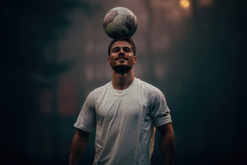Male soccer player balancing ball on head in training bib
