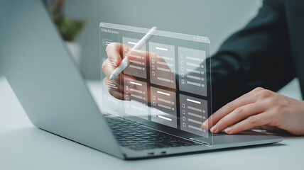 Person using stylus on translucent screen overlaying laptop for online assessment task