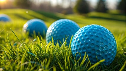 Naklejka premium Cluster of blue golf balls resting on vibrant grass at scenic course