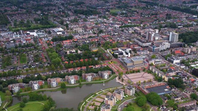 An panoramic Aerial view of the old town of the city Drachten in the Netherlands on a cloudy morning in summer