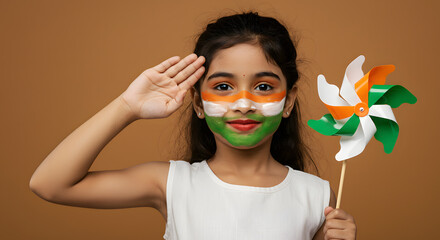 Child face paint salute flag pinwheel patriotism celebration fun childhood innocence india independence day republic day portrait pride kid