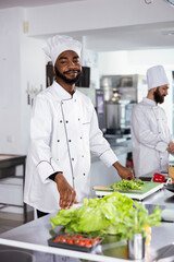 African american chef in a professional kitchen immersed in cooking, preparing gourmet fine dining meals using kitchen equipment and focusing on food art. Culinary arts food industry.