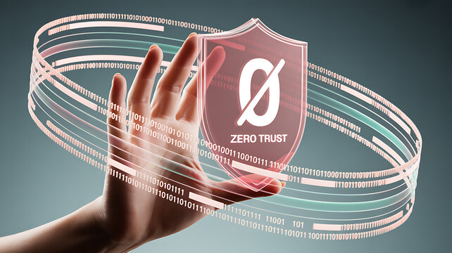 A hand reaching for a shield with a zero symbol and the words zero trust on it