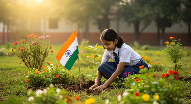 Student garden plant tree growth future environment education nature child school uniform india flag hope responsibility awareness earth day