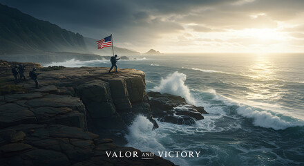 Valor victory freedom coast ocean soldier flag usa military man rock sea wave storm sky hope strength america