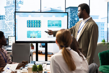 Multinational company advisory board meets to discuss finance planning, using big data insights to...
