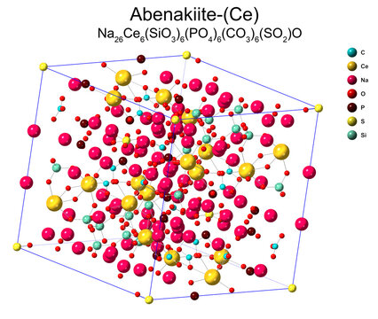 3D image of Abenakiite-(Ce) crystalline lattice structure - crystal system of cyclosilicate mineral isolated on white background and chemical formula
