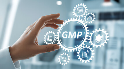 Hand interacting with gmp concept icons surrounded by gears in a bright environment