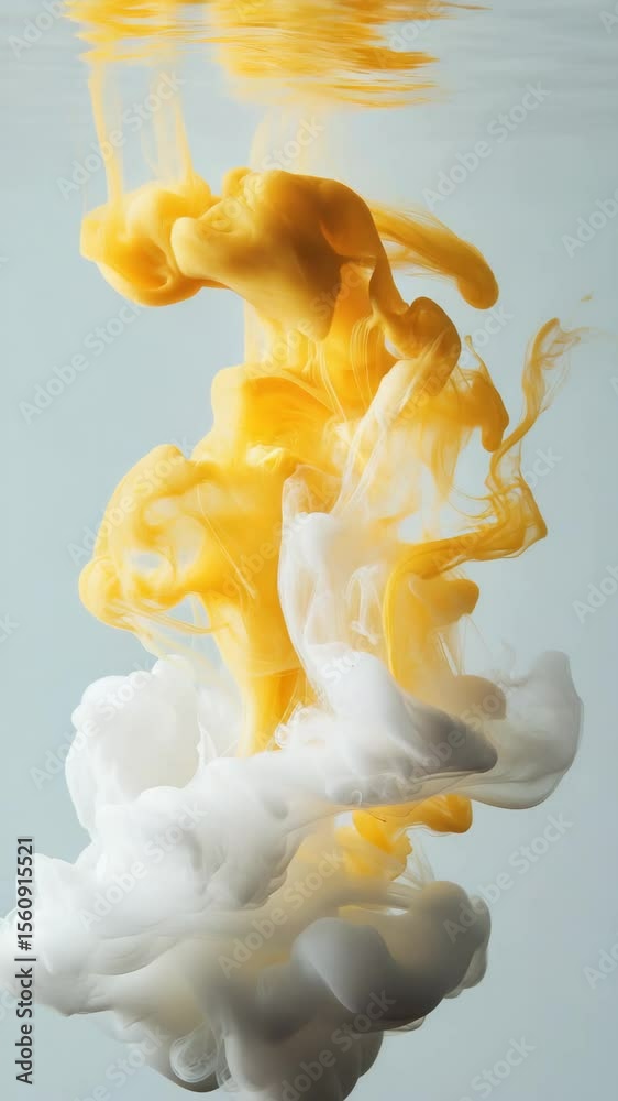 Poster yellow and white ink swirling underwater creating artistic patterns