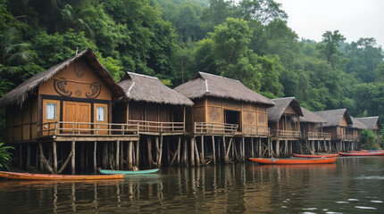 Sepik River Region Papua New Guinea Elevated Stilt Houses Built from Woven Palm Leaves