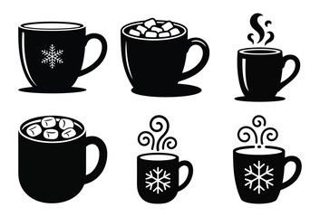 Obraz premium Collection of six hot beverage mugs with steam and snowflakes silhouette isolated on white background