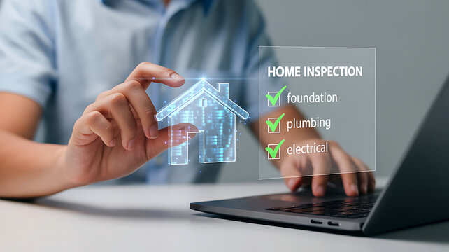 Person using laptop with home inspection checklist and house icon overlayed on screen