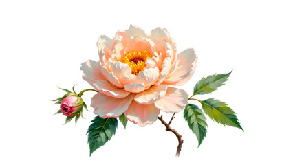 Fototapeta premium Watercolor peony for girls — isolated impasto bloom in peach tone with vivid pink bud