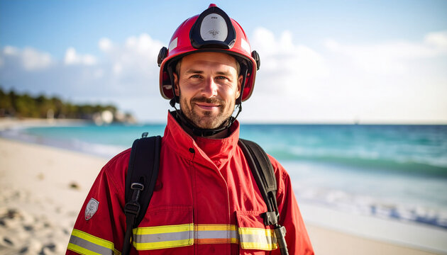 Smiling lifeguard is ready to assist with rescue efforts at the beautiful tropical beach along the shoreline - Powered by Adobe