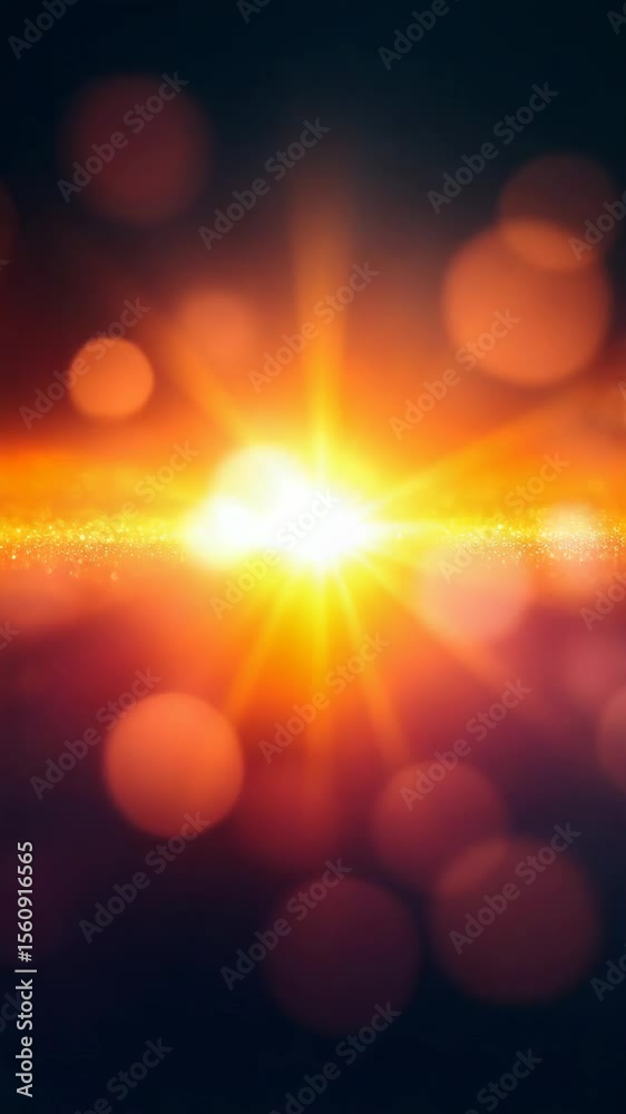 Poster bright orange sunset with sparkling bokeh and dark sky background