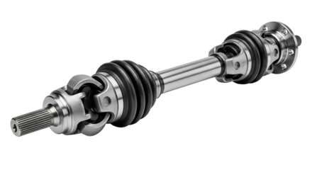 Close-up of a car drive shaft, showcasing its metallic, mechanical components, isolated.