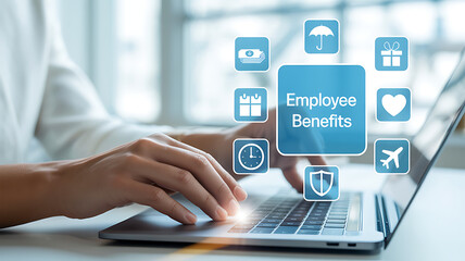 Person typing on laptop with employee benefits icons displayed on the screen overlayed