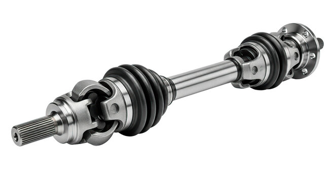 Close-up of a car drive shaft, showcasing its metallic, mechanical components, isolated.