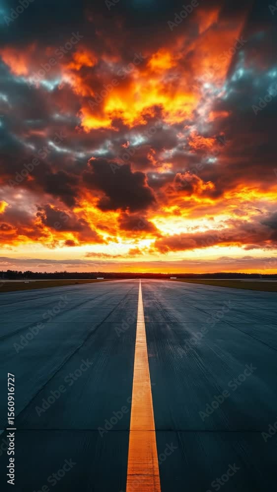 Poster a dramatic sunset over an empty runway under fiery clouds, concept of endless journey