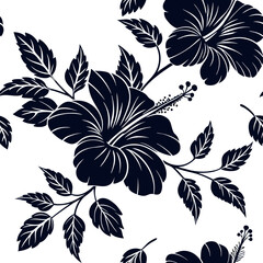 Tropical floral pattern featuring hibiscus blossoms and leaves on a white background Generative AI
