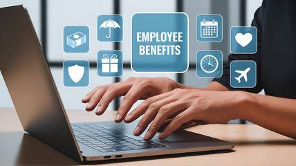 Person typing on laptop with employee benefits icons displayed above the keyboard area