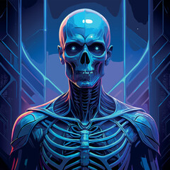 Futuristic robotic skeleton in a neon-lit environment with intricate details and glowing features Generative AI