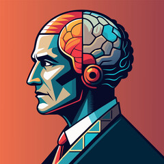 Human ingenuity and artificial intelligence merge in a striking illustration of a futuristic figure with a split brain design Generative AI