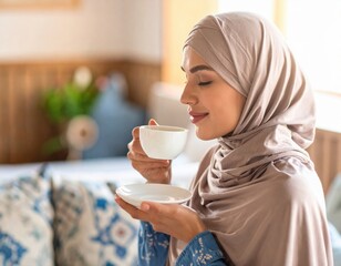 Young Middle Eastern woman in hijab enjoying coffee indoors