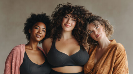 Three diverse women with curly hair posing together in stylish outfits, showcasing confidence and beauty