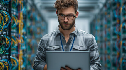 IT guy in plaid shirt working on laptop in server room with colorful cables and technology
