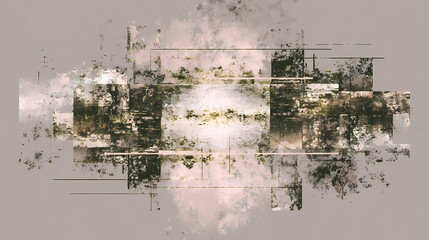 digital collage for architecture feature | eroded duality | resigned joy | dust rose and olive grey | mirrored asymmetry | dissolved edges | fragment overlap | dry stencil | industrial propaganda age